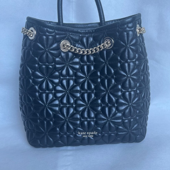 Kate Spade New York Bloom Logo Quilted Leather Backpack Black Drawstring Chain - Picture 4 of 14